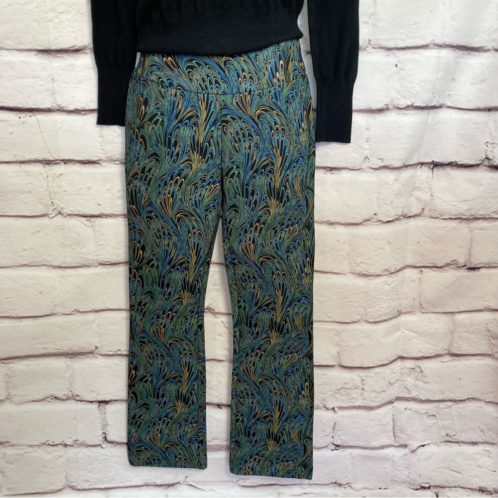 SOFT SURROUNDINGS Pants PXS Blue Green Gold Black Marbled Peacock Print Trousers